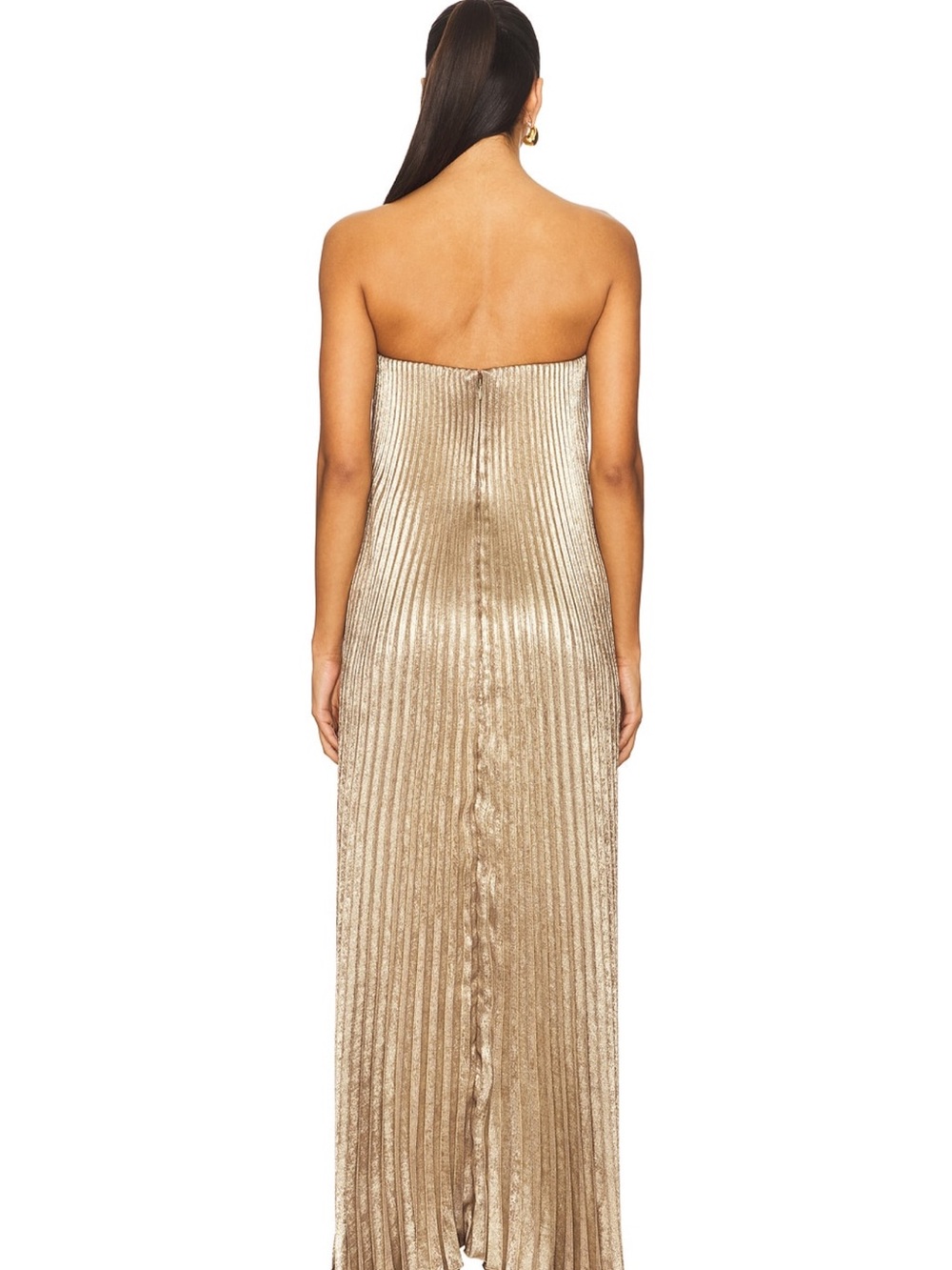 Strapless Metallic Gold Pleated Maxi Dress L’IDEE black tie gown in gold shimmer - Picture 2 of 7